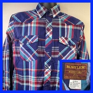 Rustler X Long Tails Plaid Snap Western Shirt Men's‎ 15 1/2 33 Polyester Cotton